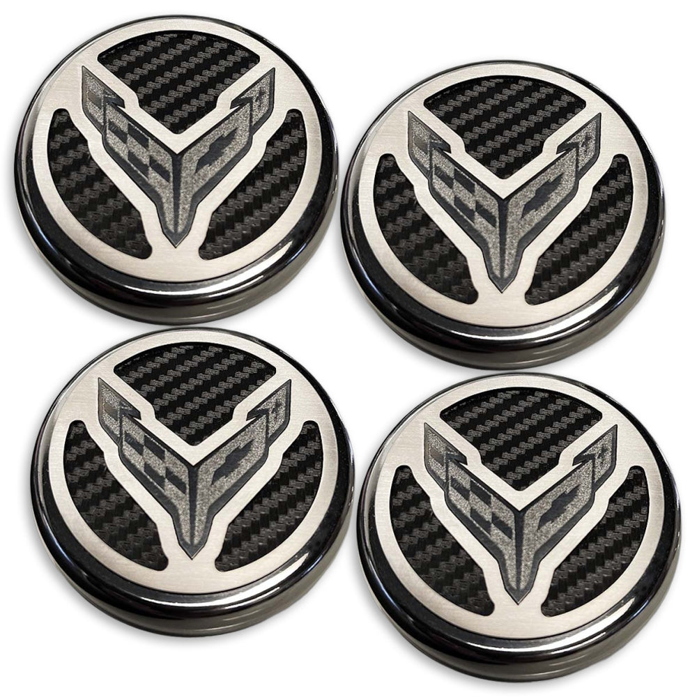 C8 Corvette Carbon Fiber Cap Covers 4pc Set Stainless Steel