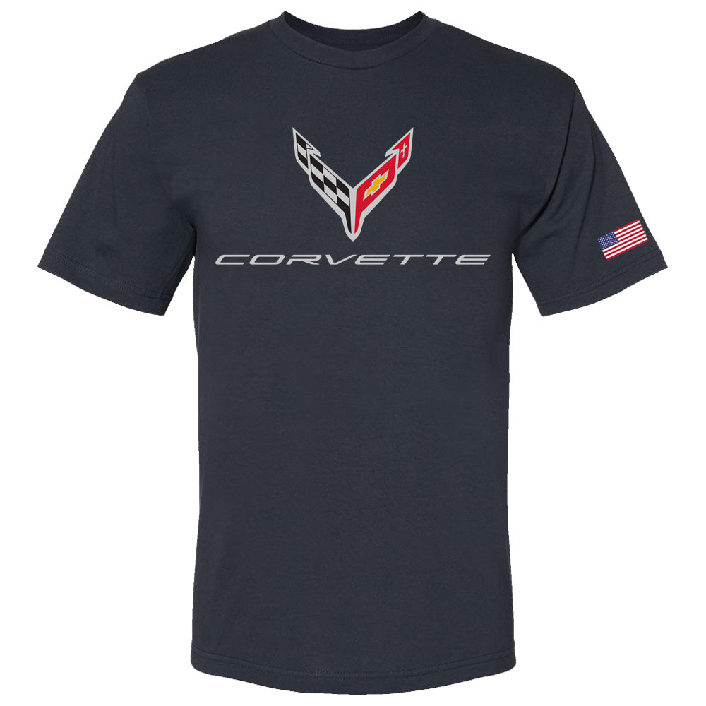 C8 Corvette USA Made Crossed Flags Navy T-Shirt Cotton