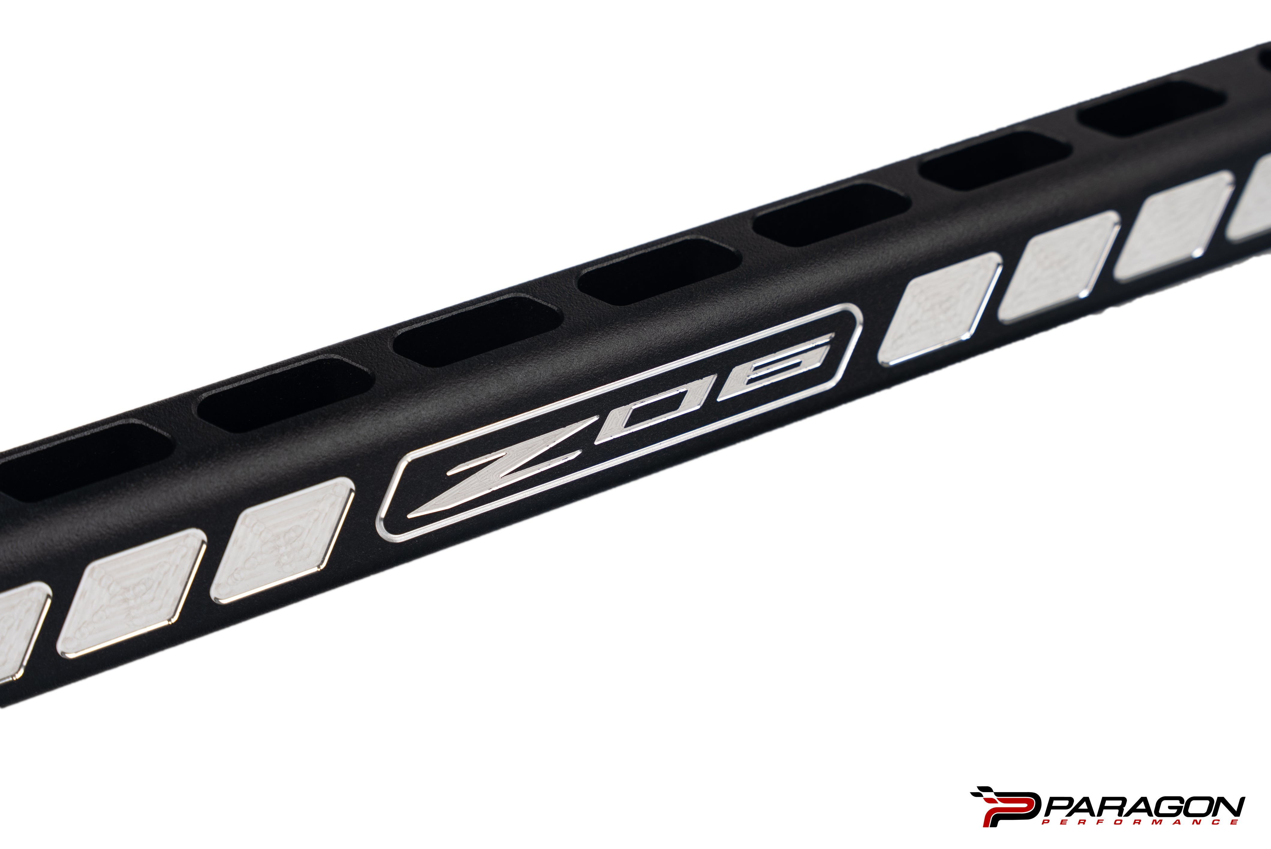 C8 Black Billet Strut Tower Bars, GM Z06 Script, No Reservoir Bracket
