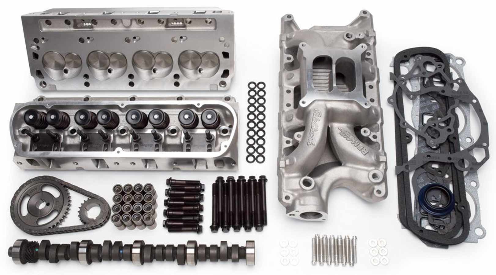 EDELBROCK Top End Kit, Power Package, Cylinder Heads/Camshaft/Gaskets/Hardware/Intake Manifold/Lifters/Timing Set, Alumi