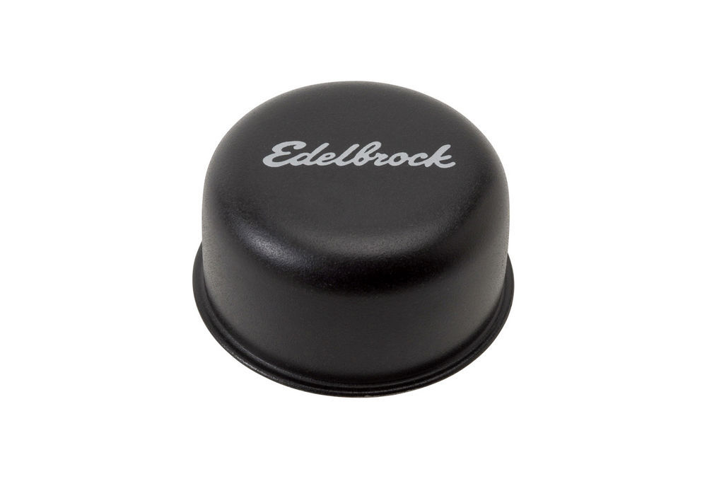 EDELBROCK Breather, Signature Series, Push-In, Round, 1-1/4" Hole, Edelbrock Logo, Steel, Black Powder Coat, Each
