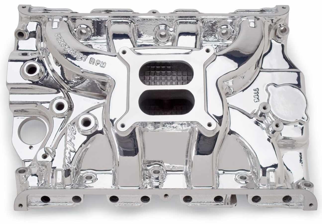 EDELBROCK Intake Manifold, Performer RPM FE, Square Bore, Dual Plane, Aluminum, Chrome Powder Coat, Ford FE-Series, Each