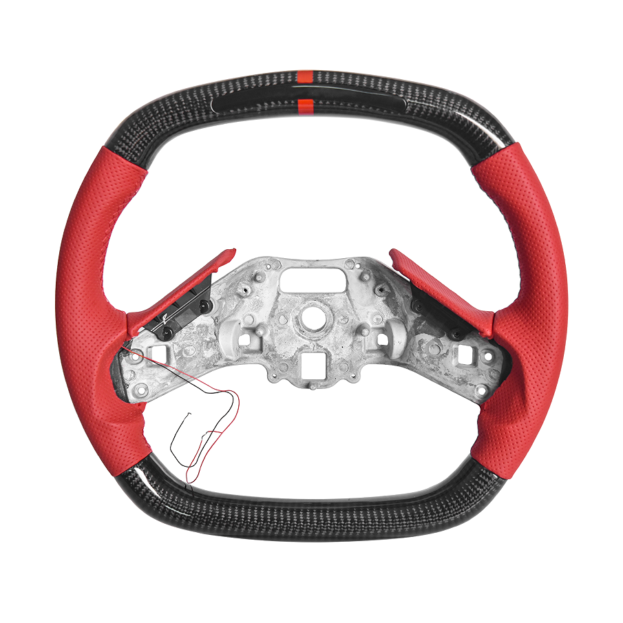 EOS C8 Corvette Carbon Fiber Steering Wheel Red Perforated - W / Button Cover