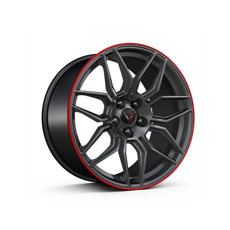 Corvette C8 Z06 21x13-Inch Forged Aluminum Spider-Design Rear Wheel in Satin Graphite with Red Stripe