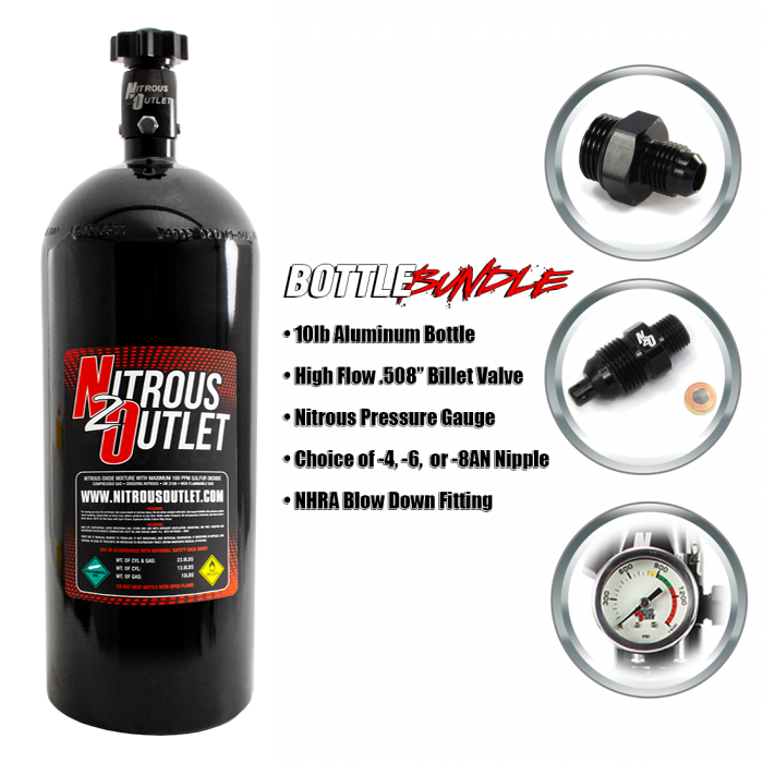 Nitrous Outlet 10lb Bottle Bundle - .508 ID Billet Valve/4AN Nipple/NHRA Blow Of