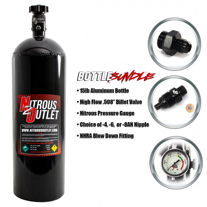 Nitrous Outlet 15lb Bottle Bundle - .508 ID Billet Valve/6AN Nipple/NHRA Blow Of