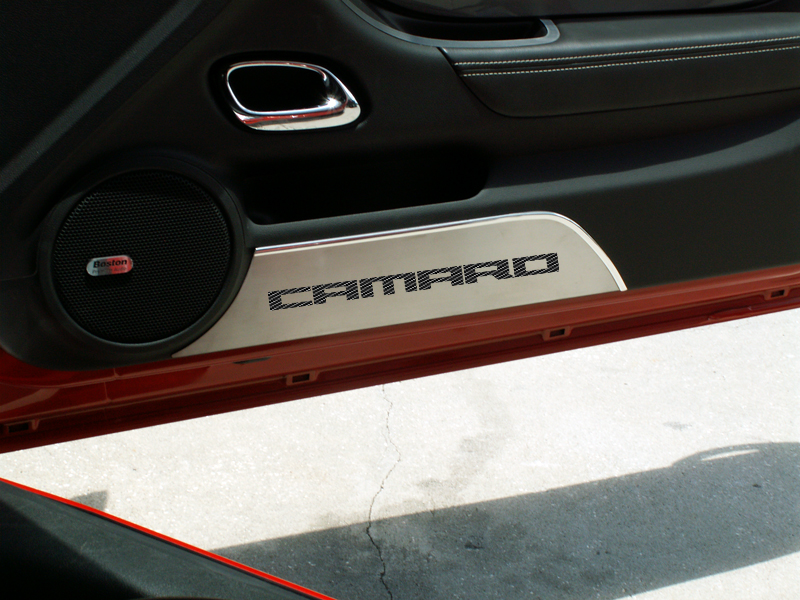 Camaro All Models 10-12  Door Panel Kick Plates "Camaro Style" Brushed 2pc Colors (Y,R,BL,BK)