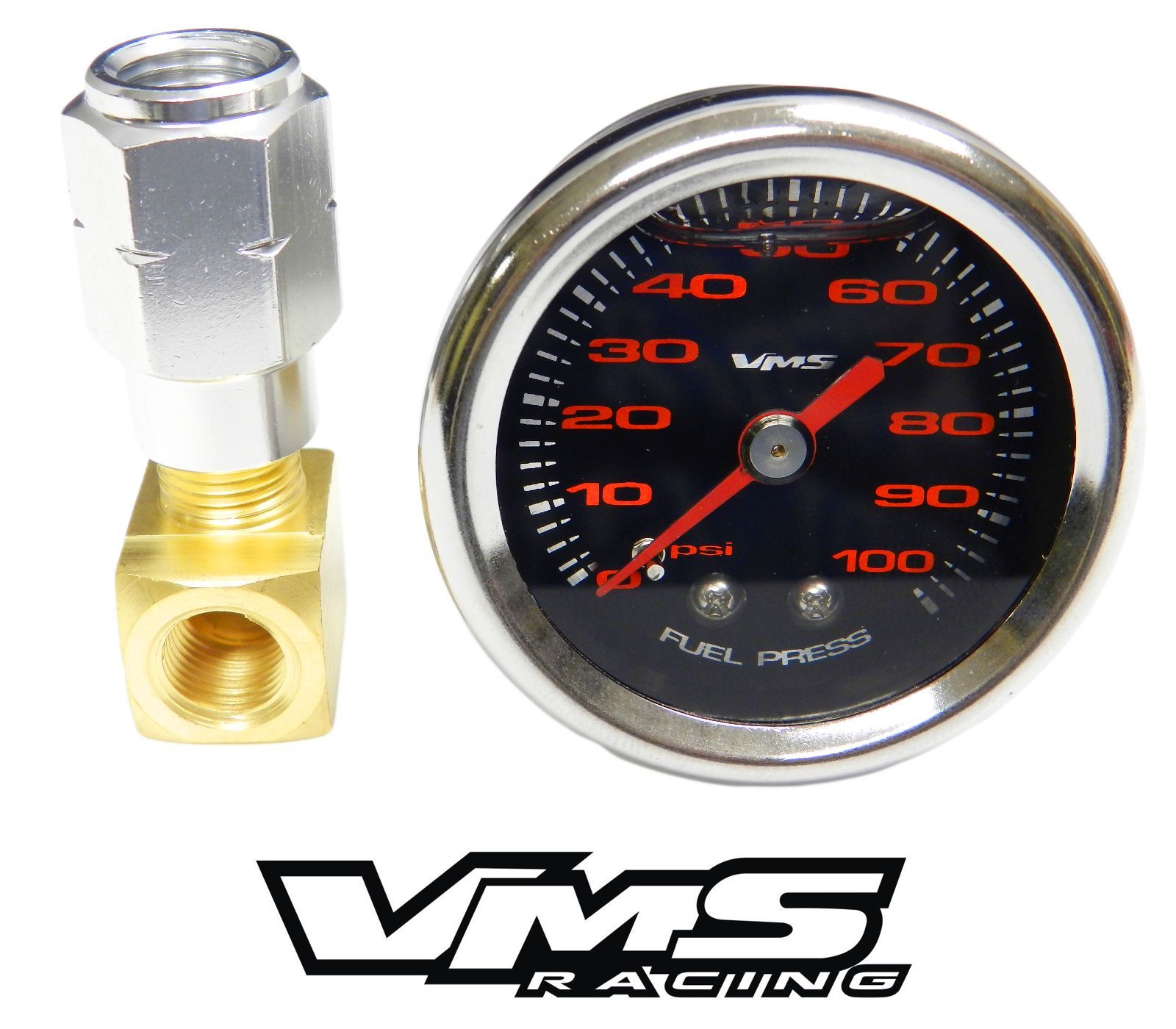 VMS Camaro Corvette 1 1/2" 100 psi Black w/Red Face Fuel Pressure Gauge Liquid Filled Adpater and Gauge