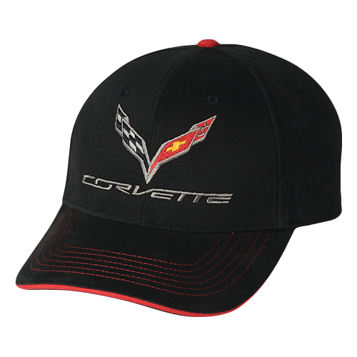 C7 Corvette Stingray Premium Structured Cap, Hat, Black with Red Trim