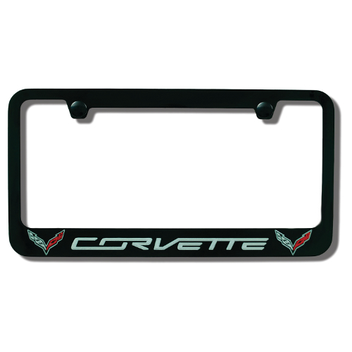 C7 Corvette Stingray Black License Plate Frame with Double Flag Emblems