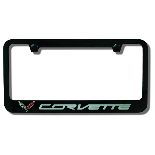 C7 Corvette Stingray Black License Plate Frame with Single Flag Emblems