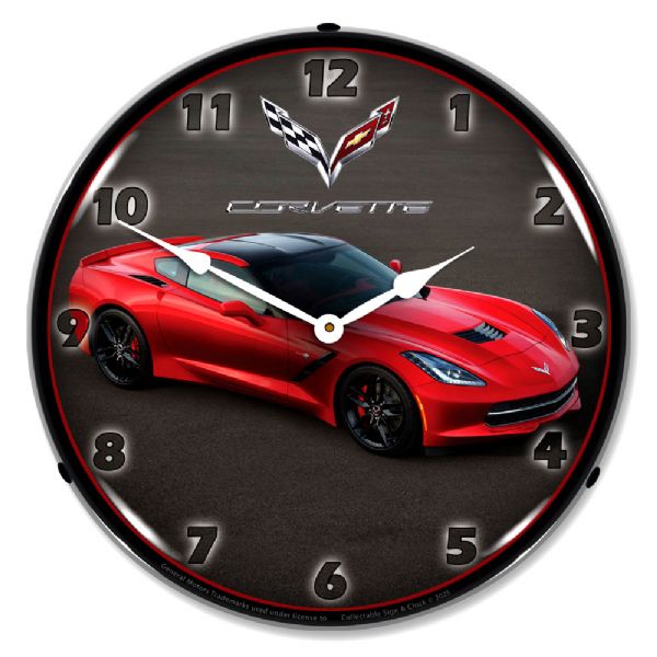 C7 Corvette in Red Front View LED Wall Clock 14"