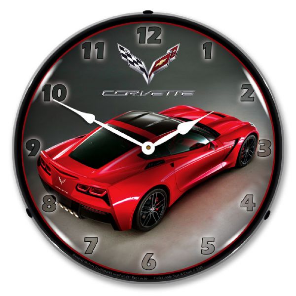C7 Corvette in Red Rear View LED Wall Clock 14"