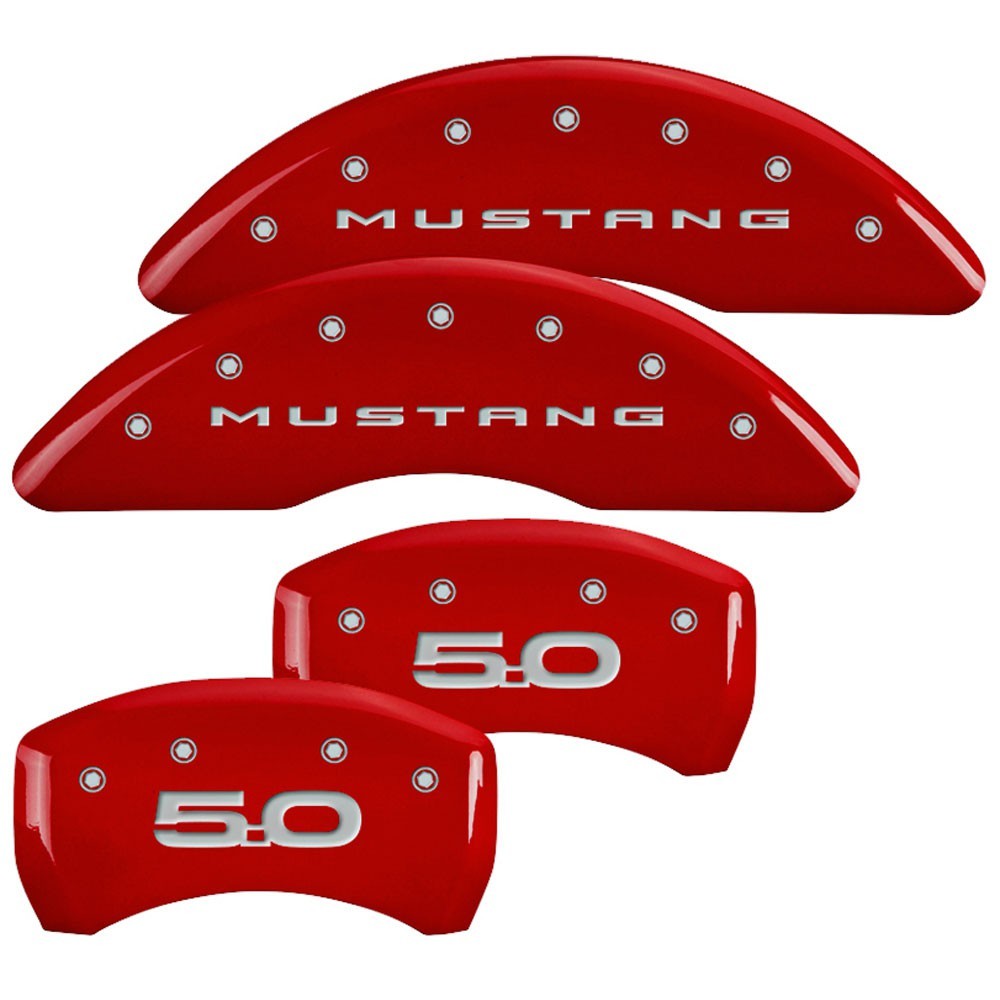 MGP Brake Caliper Cover, Mustang Print Logo Front, Pony Logo Rear, Aluminum, Red, GT, Ford Mustang 2015-18, Set of 4