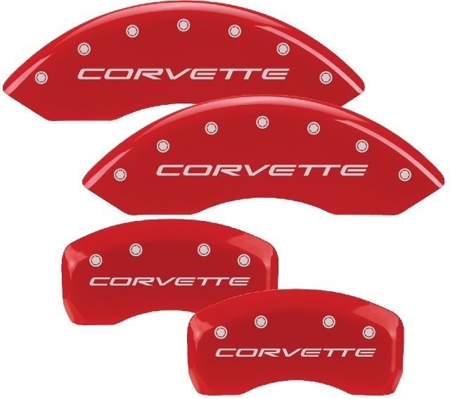 C5 Corvette 1997-2004 Brake Caliper Covers, Corvette Logo, Aluminum, Red Finish, Silver Corvette, Set of 4