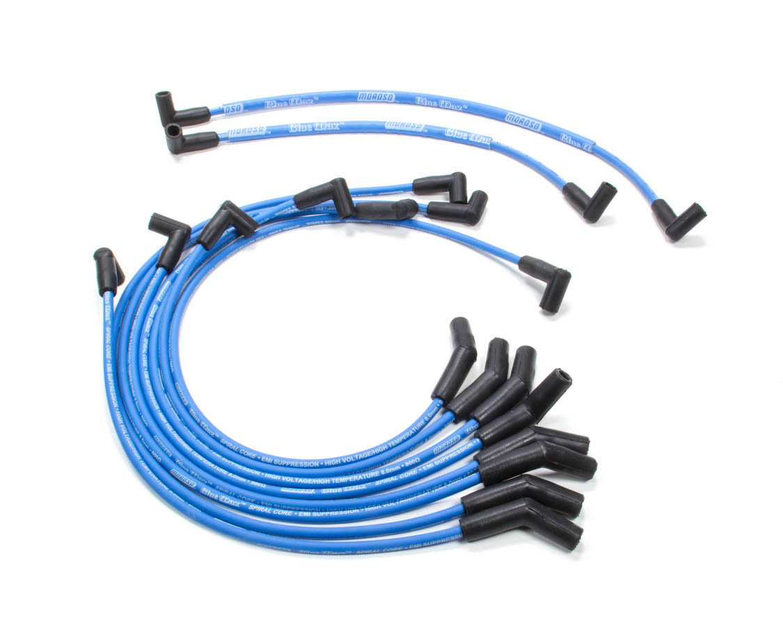 Moroso Spark Plug Wire Set, Blue Max, Spiral Core, 8 mm, Blue, 135 Degree Plug Boots, HEI Style Terminal, Small Block