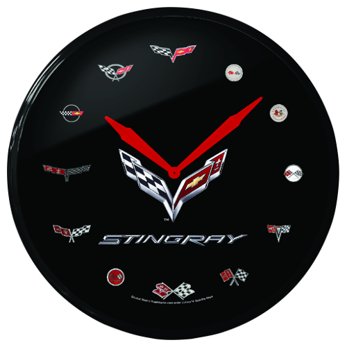 C7 Corvette Stingray 14 inch, Stingray Clock, Black Bezel with Corvette Logos