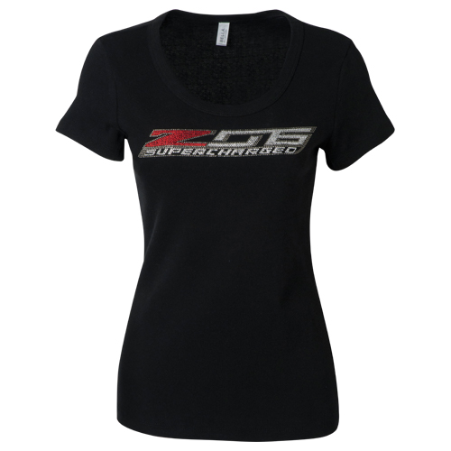 C7 Z06 Supercharged Corvette Ladies C7 Z06 Logo Rhinestone T-Shirt Sccop Neck Bella