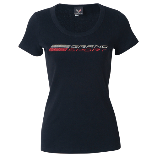 Chevrolet Grand Sport Ladies Scoop Bella Neck Rhinestones T-shirt, Black