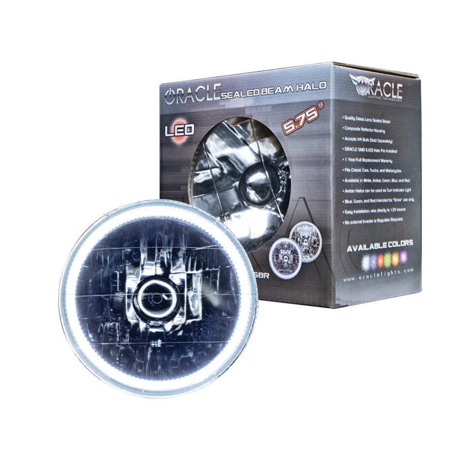Oracle Headlight,  Sealed Beam,  5-3/4" OD,  Halo LED Ring,  Requires H4 Bulb,  Glass/Plastic,  White,  Universal,  Each