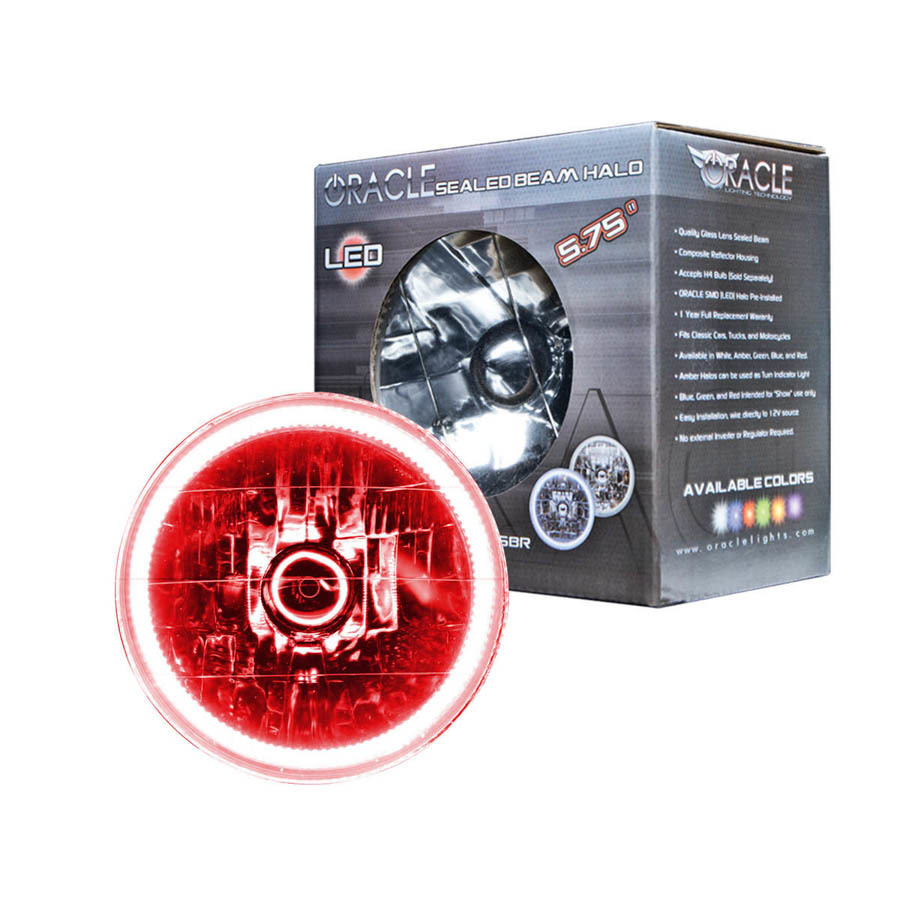 Oracle Headlight,  Sealed Beam,  5-3/4" OD,  Halo LED Ring,  Requires H4 Bulb,  Glass/Plastic,  Red,  Universal,  Each