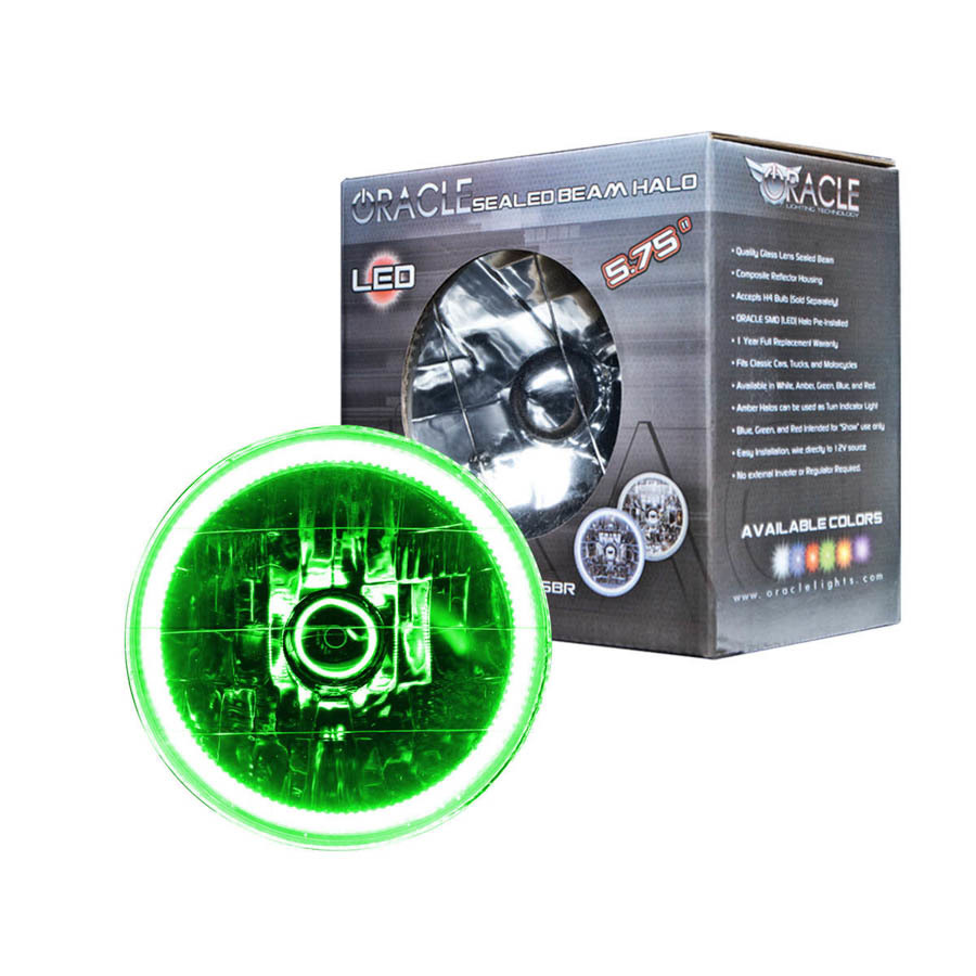 Oracle Headlight,  Sealed Beam,  5-3/4" OD,  Halo LED Ring,  Requires H4 Bulb,  Glass/Plastic,  Green,  Universal,  Each
