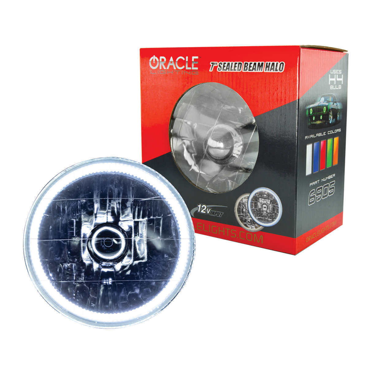 Oracle Headlight,  Sealed Beam,  7" OD,  Halo LED Ring,  Requires H4 Bulb,  Glass/Plastic,  White,  Universal,  Each