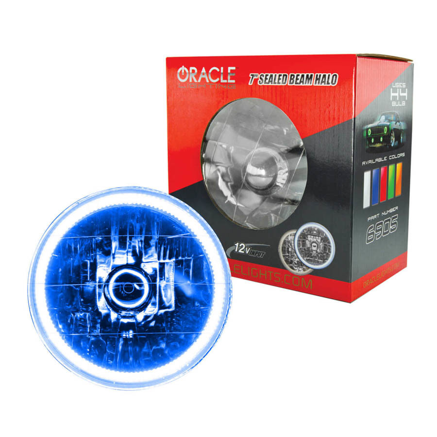 Oracle Headlight,  Sealed Beam,  7" OD,  Halo LED Ring,  Requires H4 Bulb,  Glass/Plastic,  Blue,  Universal,  Each