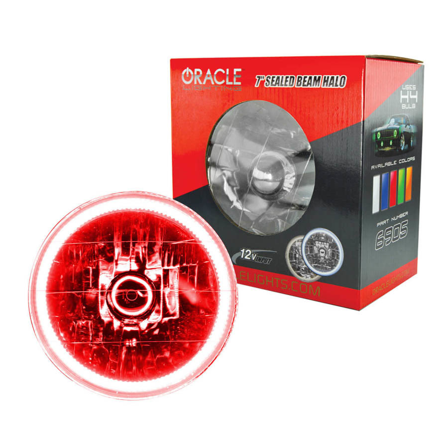 Oracle Headlight,  Sealed Beam,  7" OD,  Halo LED Ring,  Requires H4 Bulb,  Glass/Plastic,  Red,  Universal,  Each