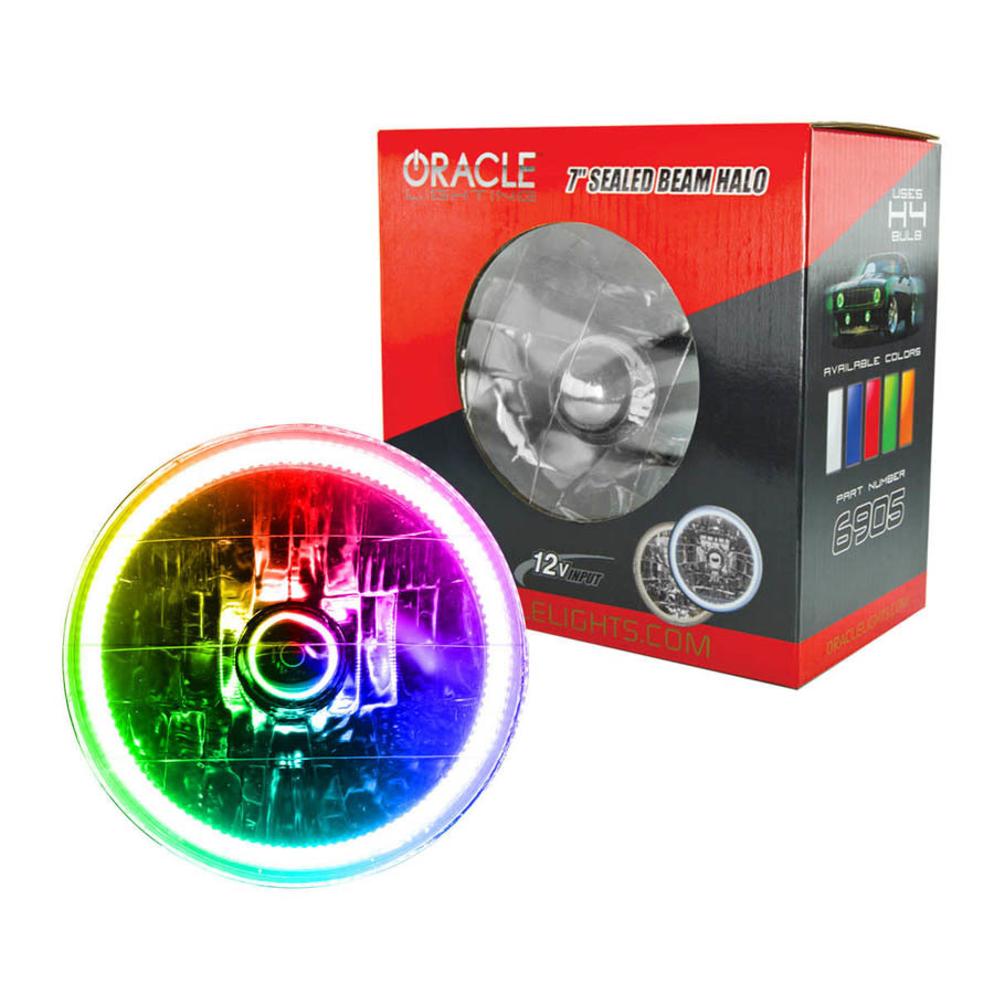 Oracle Headlight,  Sealed Beam,  7" OD,  Halo LED Ring,  Requires H4 Bulb,  Glass/Plastic,  Multi-Color,  Universal,  Each