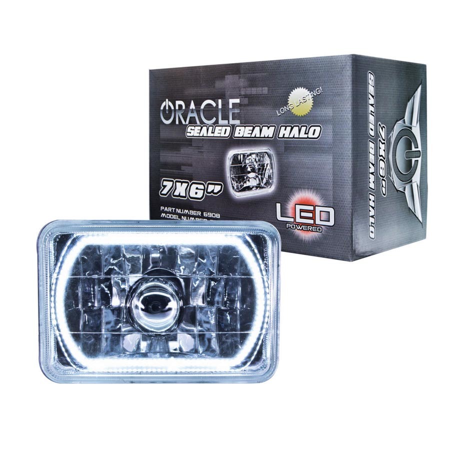Oracle Headlight,  Sealed Beam,  7 x 6 in,  Halo LED Ring,  Requires H4 Bulb,  Glass/Plastic,  White,  Universal,  Each