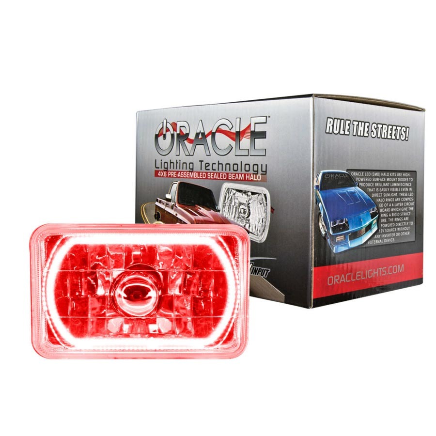 Oracle Headlight,  Sealed Beam,  4 x 6 in,  Halo LED Ring,  Requires H4 Bulb,  Glass/Plastic,  Red,  Universal,  Each