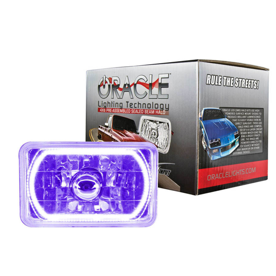 Oracle Headlight,  Sealed Beam,  4 x 6 in,  Halo LED Ring,  Requires H4 Bulb,  Glass/Plastic,  Purple,  Universal,  Each
