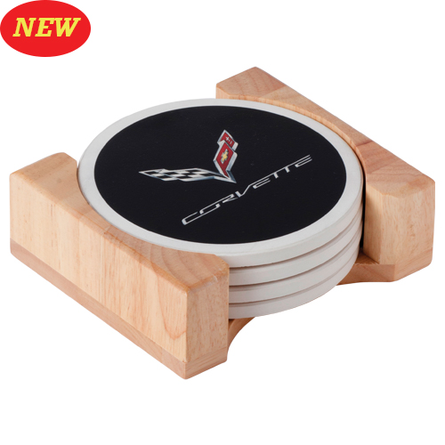 C7 Corvette C7 Corvette Logo Round Stone Coaster Set with Wood Holder