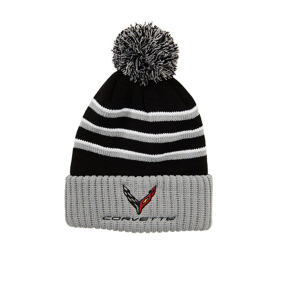 C8 Corvette Knitted Beanie W/Pom, Gray/Black