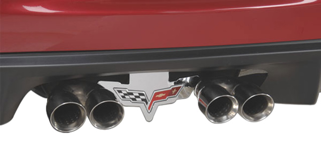 C6 Corvette Exhaust Plate - C6 Flag Logo Emblem Stainless Steel,  Except Z06