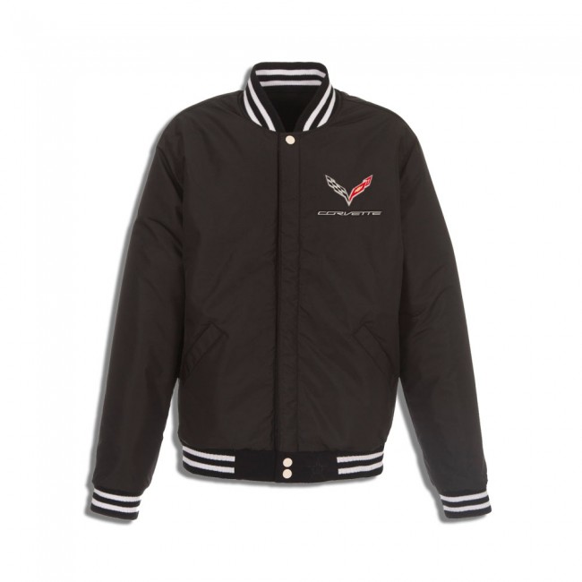 Corvette C7 Crossed Flags Logo Varsity Jacket, Black/White - Reversible