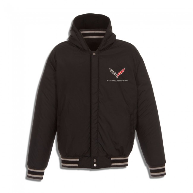 Corvette C7 Crossed Flags Logo Varsity Jacket, Charcoal/Black - Reversible