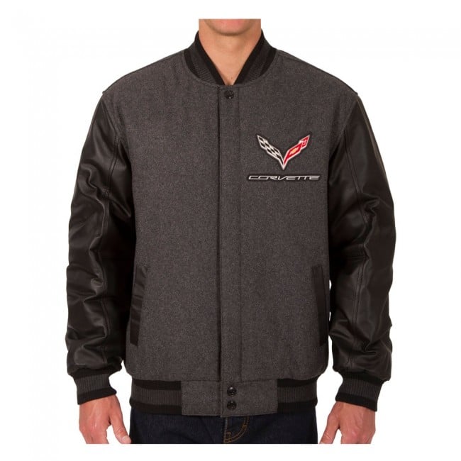 Corvette C7 Crossed Flags Logo Leather Jacket, Charcoal/Black - Reversible