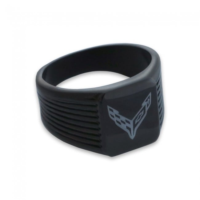 C8 Corvette Emblem Mens Black Grooved Signet Ring