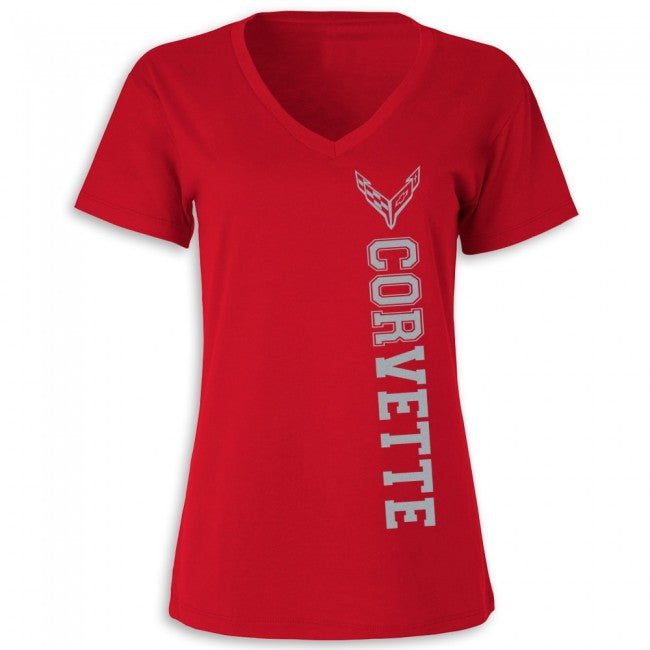 C8 Corvette Ladies Vertical V-Neck Tee, Red