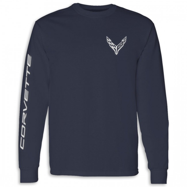 C8 Corvette  Crossed Flags Long Sleeve Tee, Navy