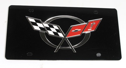 C5 Corvette Front License Plate. Rectangular - Black with C5 Flag Logo