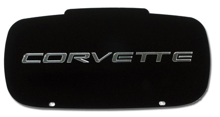 C5 Corvette Front License Plate. Contour - Black w/Mirrored C5 Script Logo