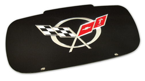 C5 Corvette Front License Plate. Contour - Black w/Mirrored C5 Flag Logo