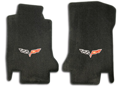 C6 Corvette Ebony Floor Mats with C6 Flag Logo, Front Pair