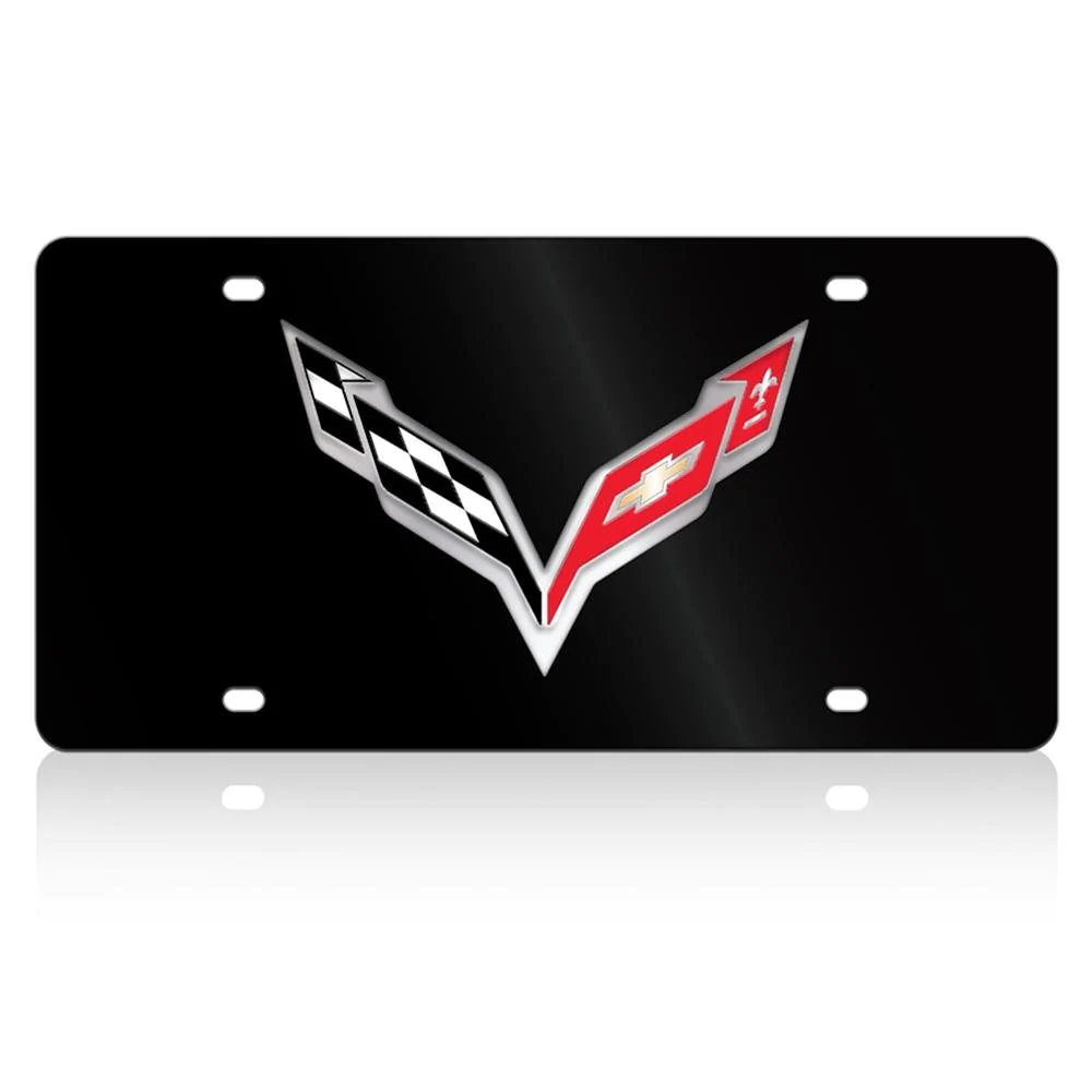 Corvette Crossed Flags License Plate/Tags, Black Stainless Steel, C7 Stingray