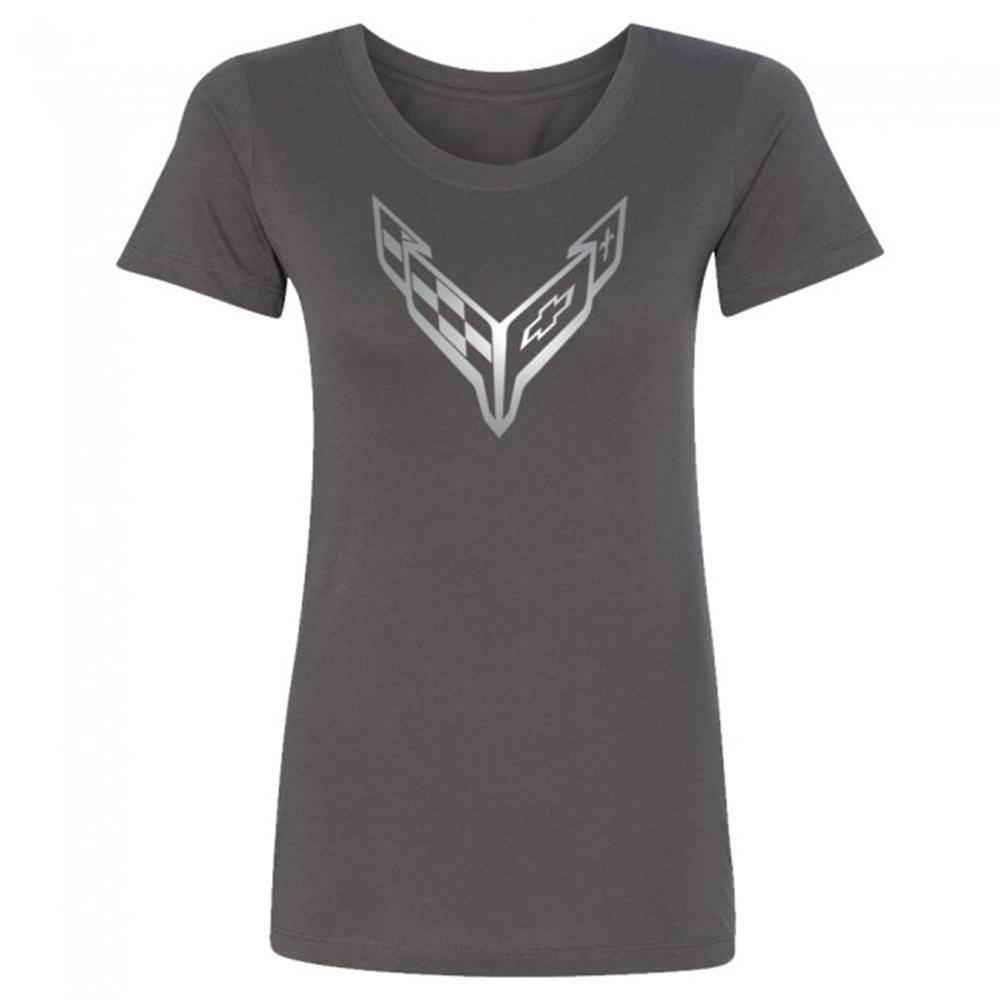 C8 Corvette Ladies Crossed Flags Tee, Dark Gray, Size SMALL