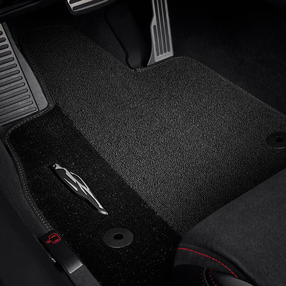 C8 Corvette Floor Mats, Jet Black w/Corvette Silhouette Logo and Sky Cool Gray B